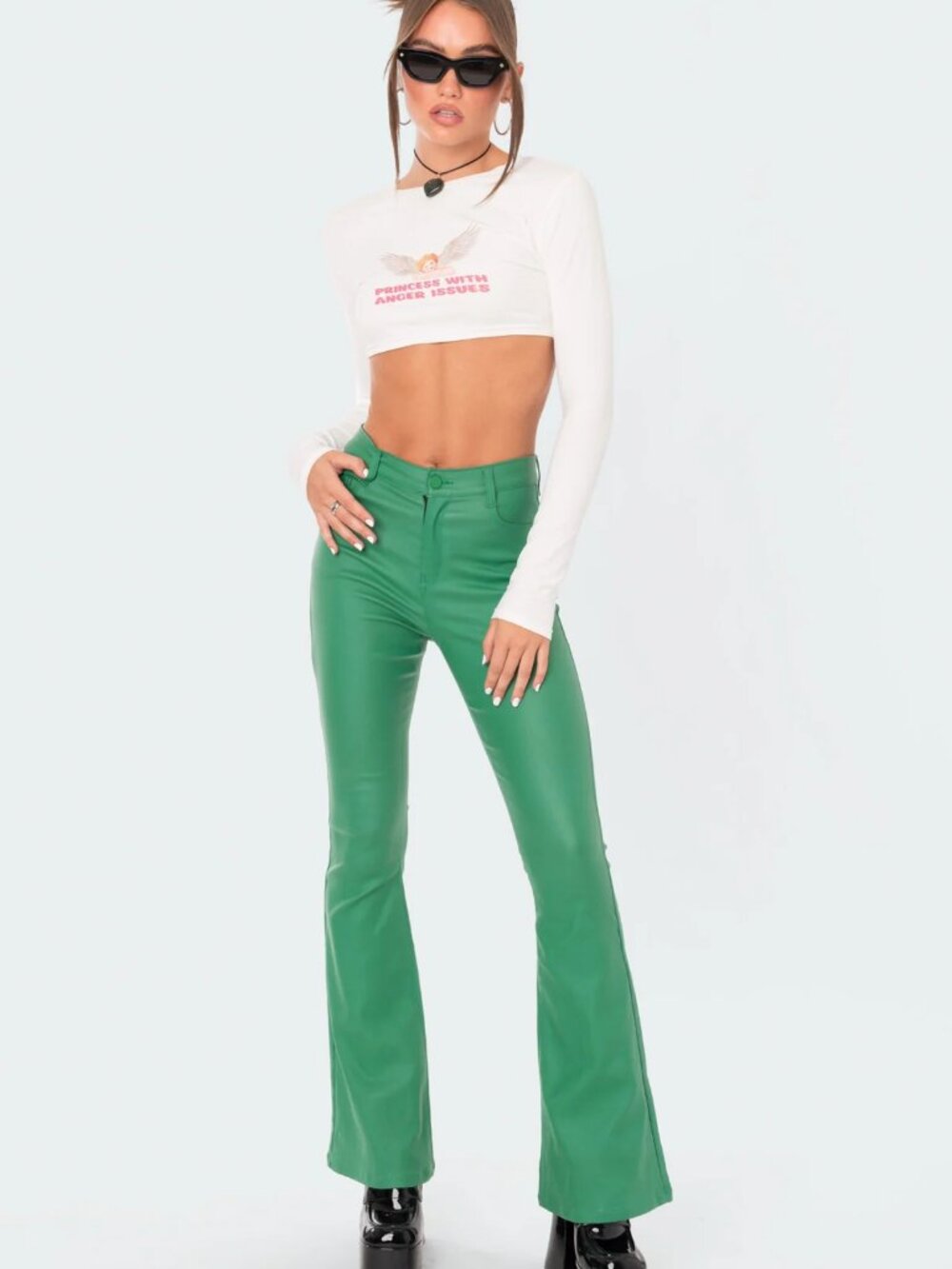 Edikted Luna Faux Leather Flare Jeans